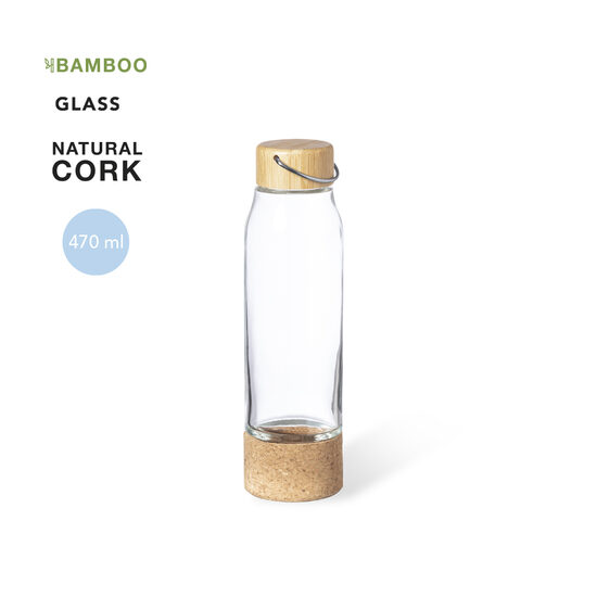 Dabīgā stila stikla pudele ar korķa pamatni un bambusa vāciņu – 470 ml