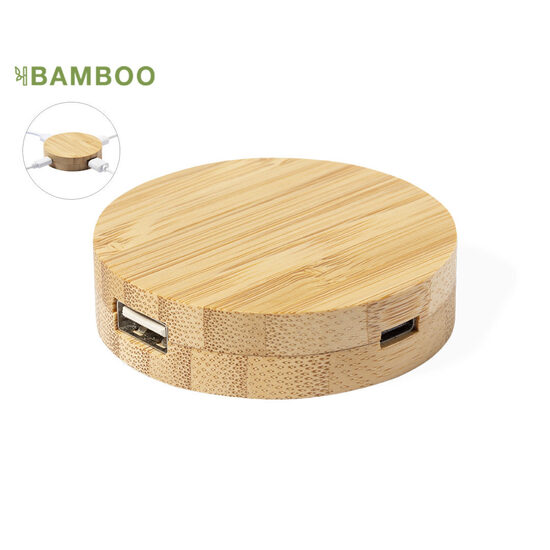 USB 2.0 Hub no bambusa ar Type-C un USB portiem