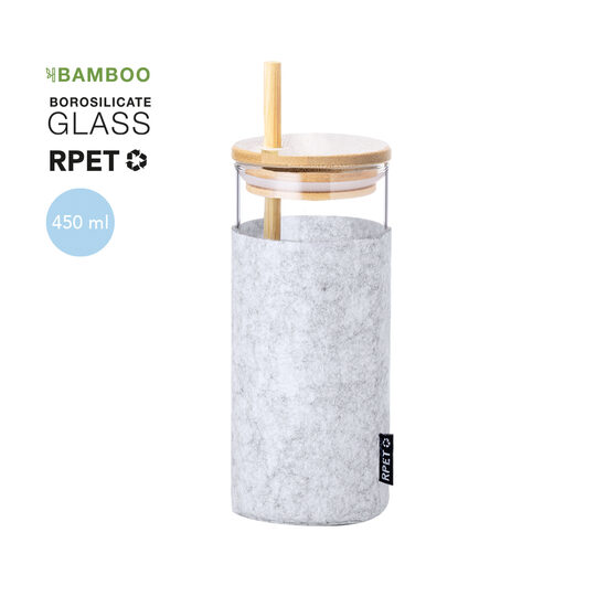 Stikla krūze ar RPET filca pārvalku un bambusa salmiņu – 450 ml ar personalizāciju