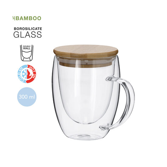 Krūze no borosilikāta stikla ar bambusa vāciņu – 300 ml ar personalizāciju